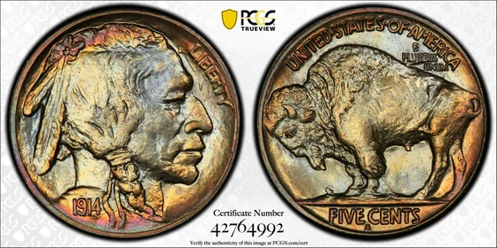 Representative Obverse and reverse of 1914-S Buffalo nickel; PCGS TrueView photograph