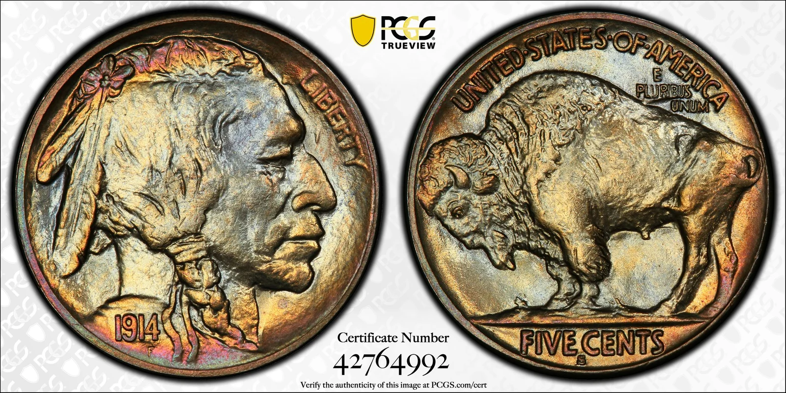 Representative Obverse and reverse of 1914-S Buffalo nickel; PCGS TrueView photograph