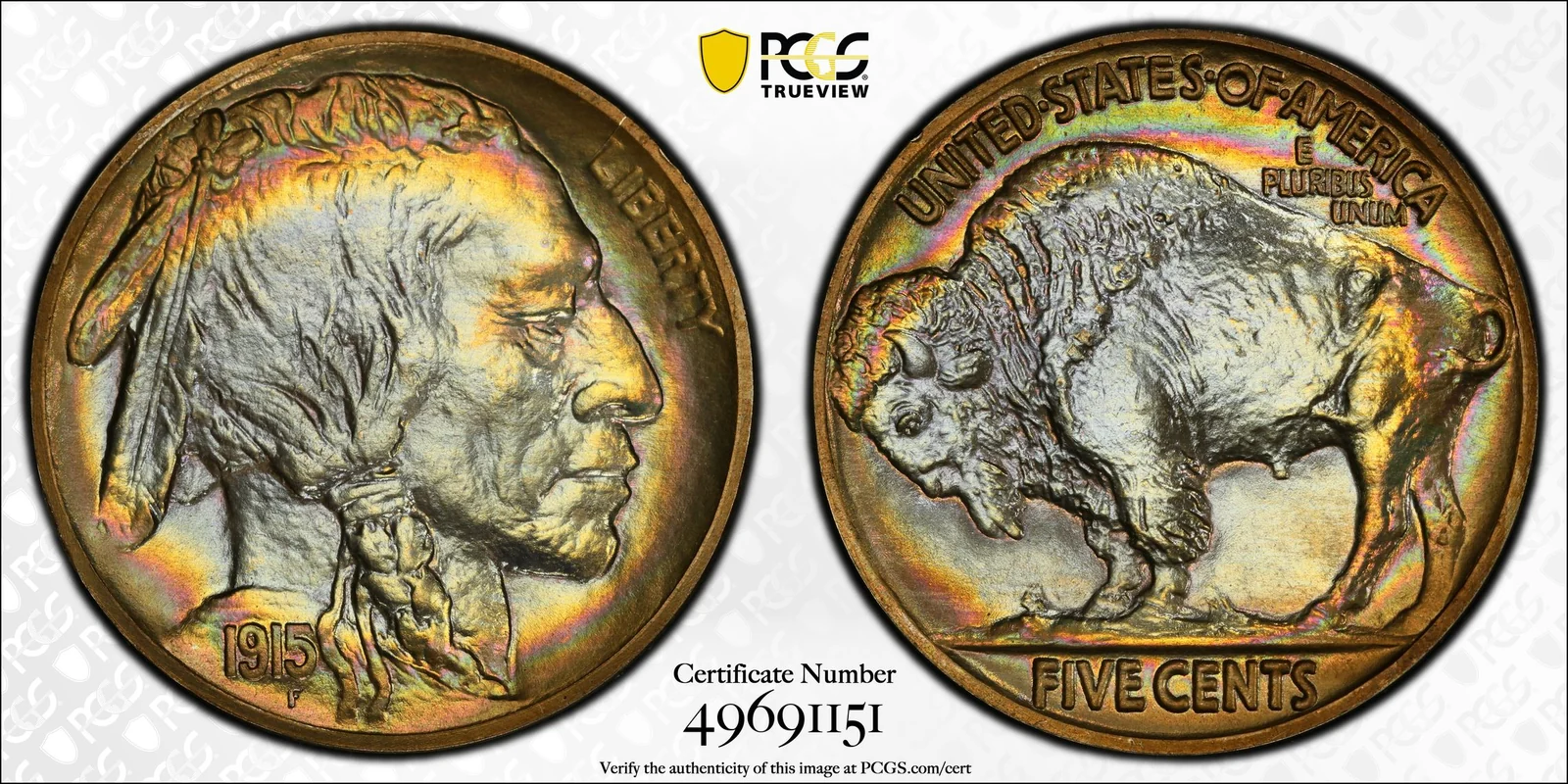 Obverse and reverse of 1915 Buffalo nickel, Proof; PCGS TrueView photograph