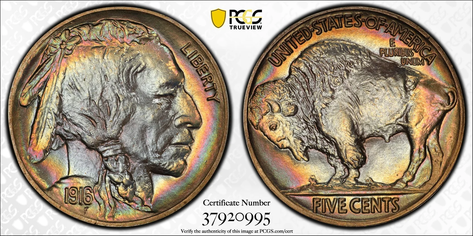 1916 Buffalo nickel, Proof, PCGS PR68+ specimen, obverse and reverse