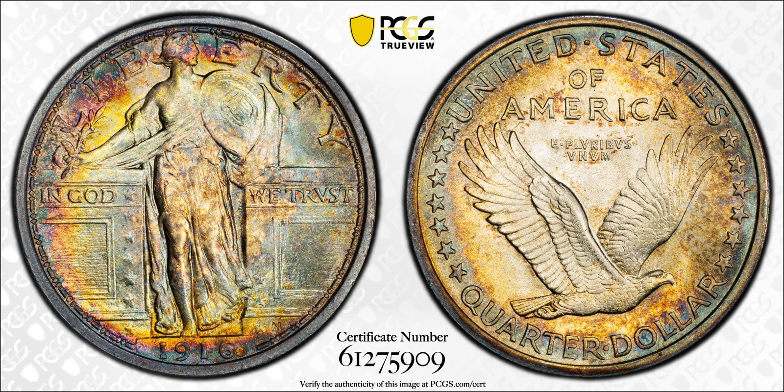PCGS MS67 Full Head 1916 Standing Liberty quarter, obverse and reverse, reference example