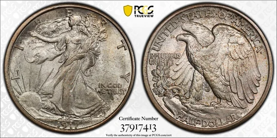 PCGS MS67 1917-S Obverse Mint Mark Walking Liberty half dollar, obverse and reverse, reference example