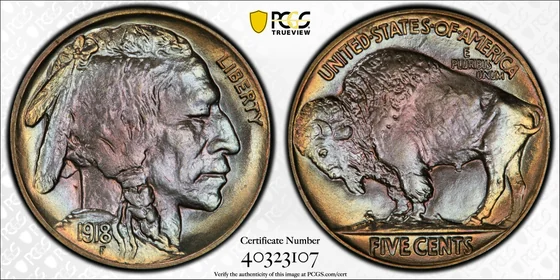 Obverse and reverse of 1918 Buffalo nickel; PCGS TrueView photograph