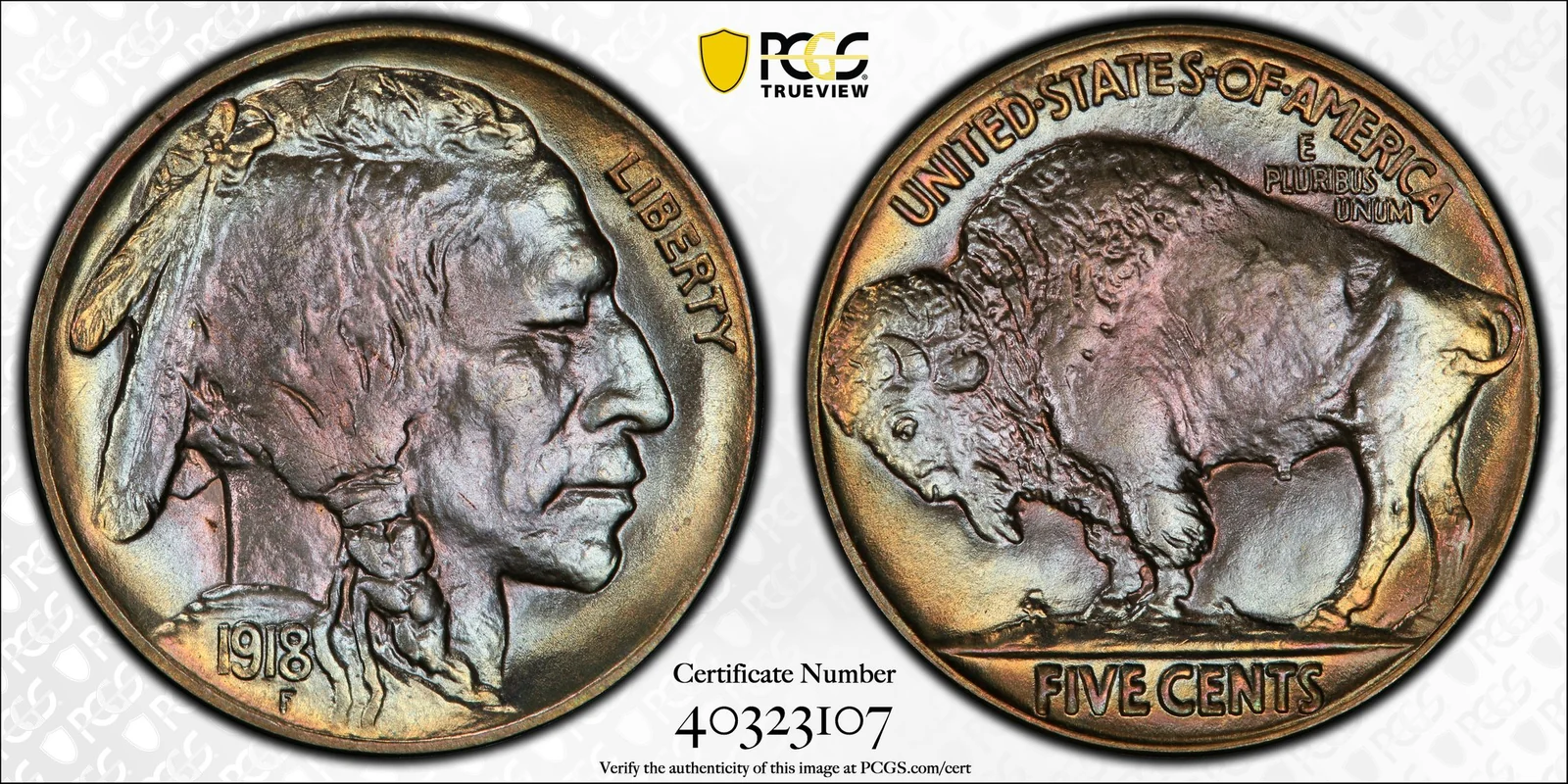 Obverse and reverse of 1918 Buffalo nickel; PCGS TrueView photograph