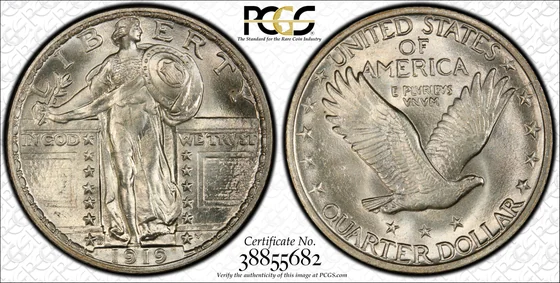 PCGS MS66+ Full Head 1919-D Standing Liberty quarter, obverse and reverse, reference example
