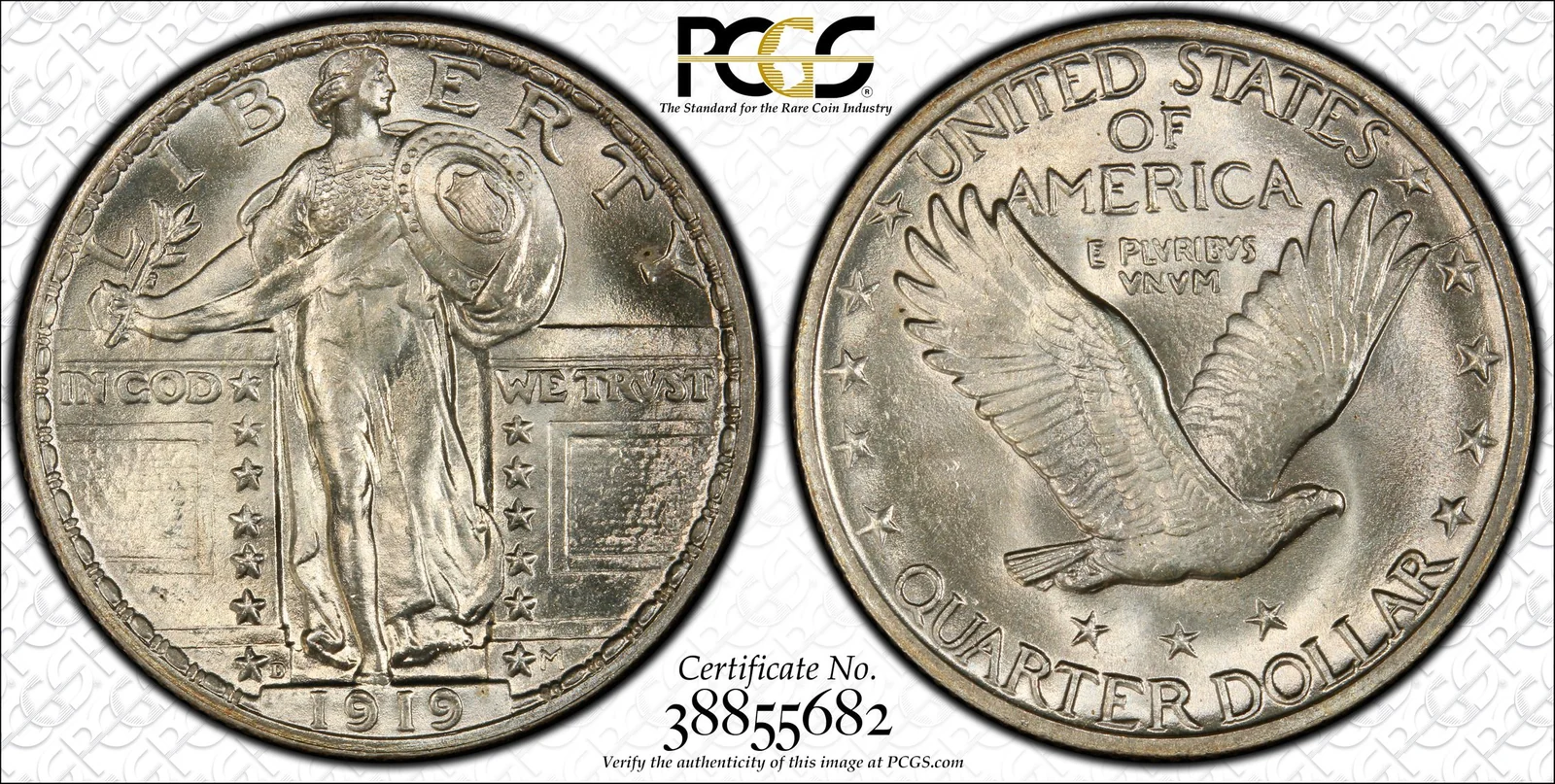 PCGS MS66+ Full Head 1919-D Standing Liberty quarter, obverse and reverse, reference example