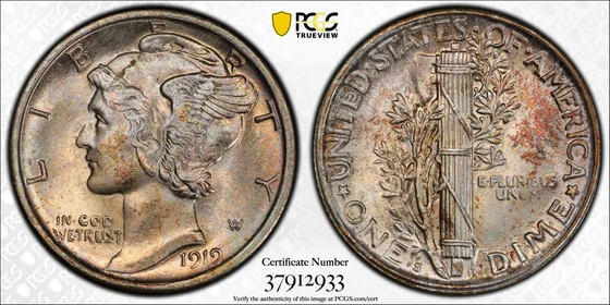 PCGS MS66+FB 1919-S Mercury dime, obverse and reverse, reference example