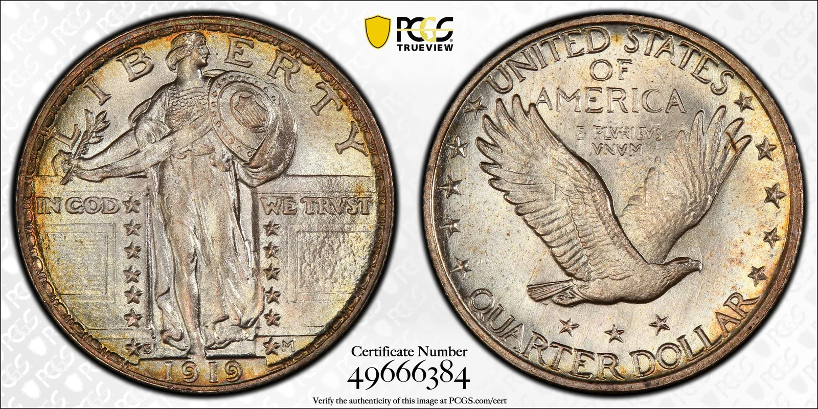PCGS MS67 Full Head 1919-S Standing Liberty quarter, obverse and reverse, reference example