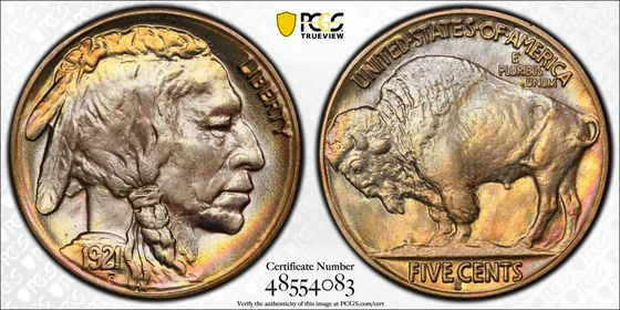 1921-S Buffalo nickel, PCGS MS66+ specimen, obverse and reverse