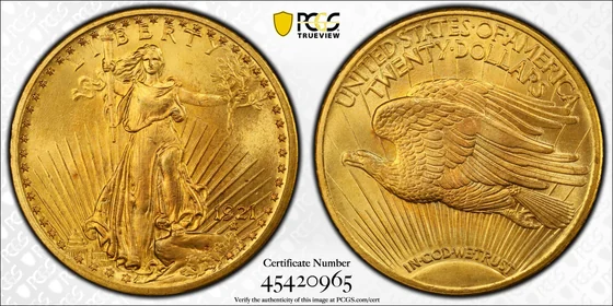 PCGS TrueView photograph of 1921 Saint-Gaudens Double Eagle, Regular Strike