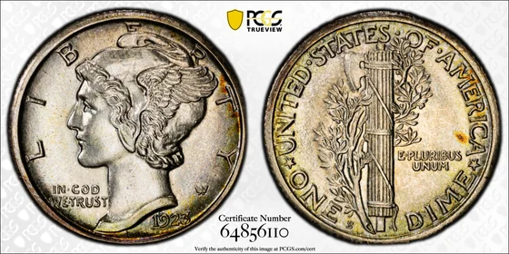 PCGS MS66FB 1923-S Mercury dime, obverse and reverse, reference example