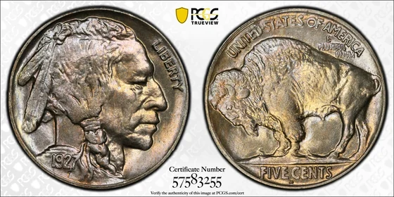 1927-D Buffalo nickel, PCGS MS66+ specimen, obverse and reverse