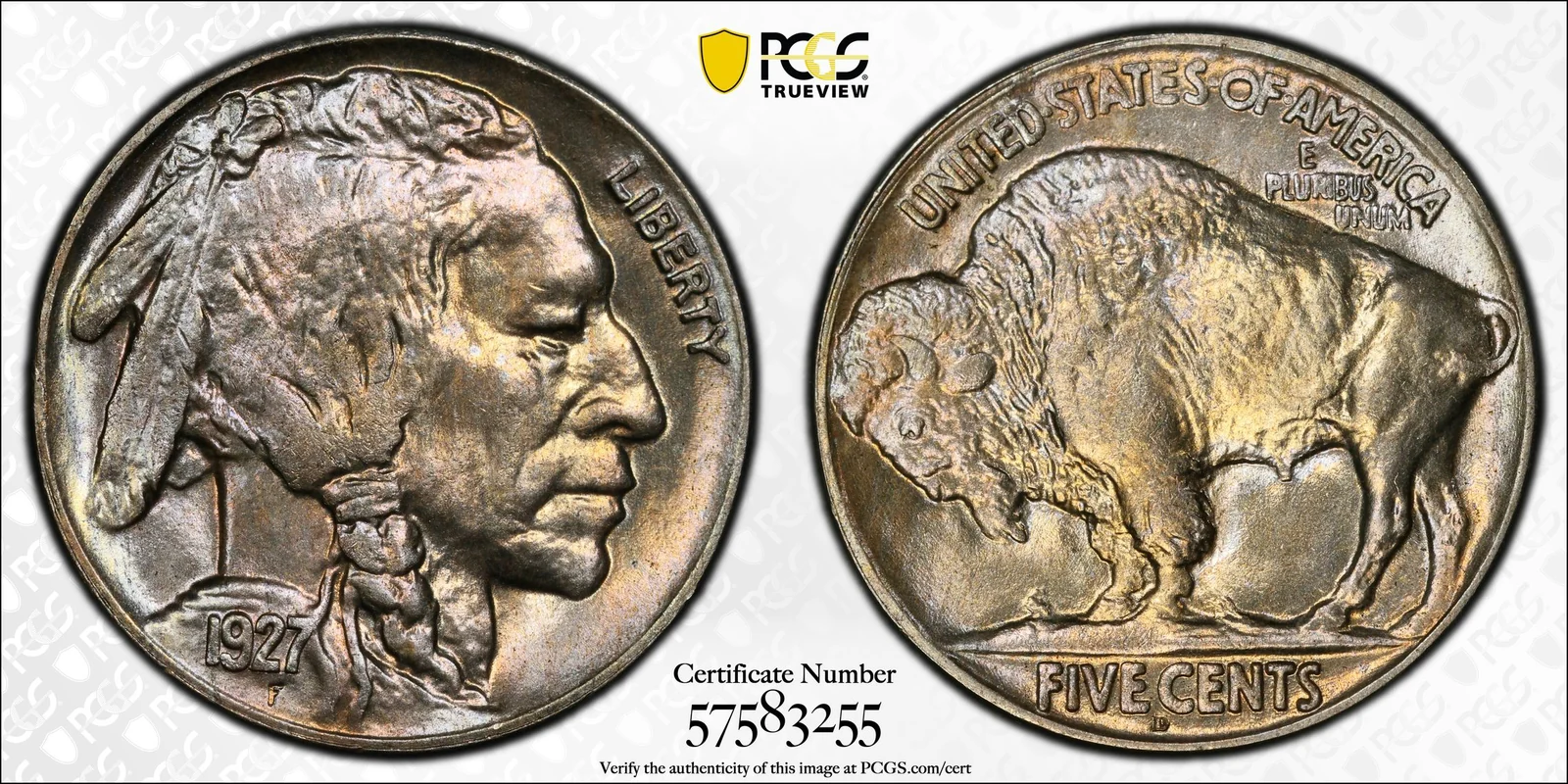 1927-D Buffalo nickel, PCGS MS66+ specimen, obverse and reverse