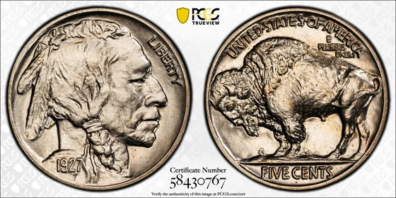 1927 Buffalo nickel, Special Strike, PCGS SP66+ specimen, obverse and reverse