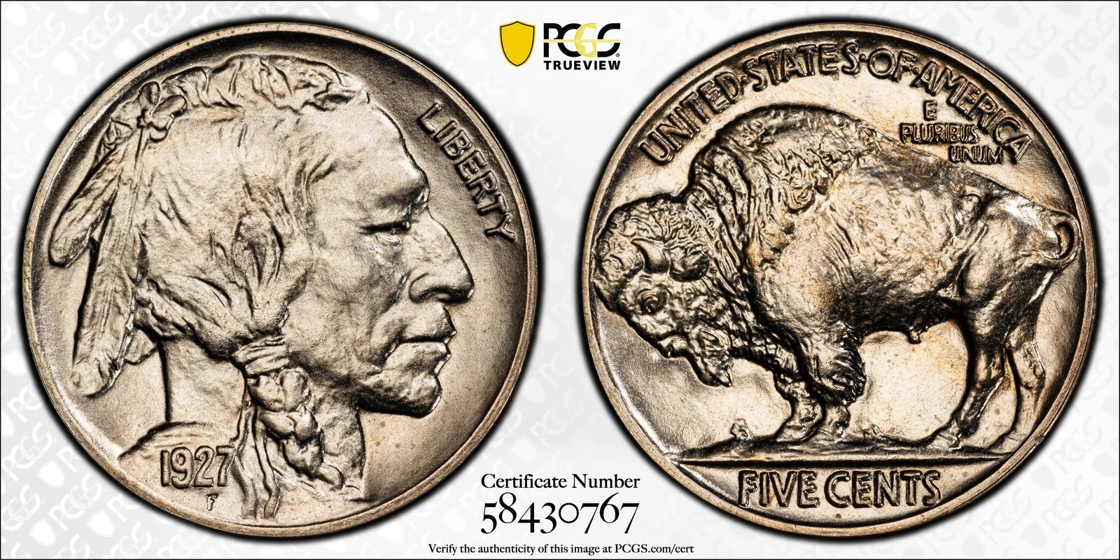 1927 Buffalo nickel, Special Strike, PCGS SP66+ specimen, obverse and reverse