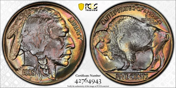 1935 Buffalo nickel, PCGS MS68+ specimen, obverse and reverse