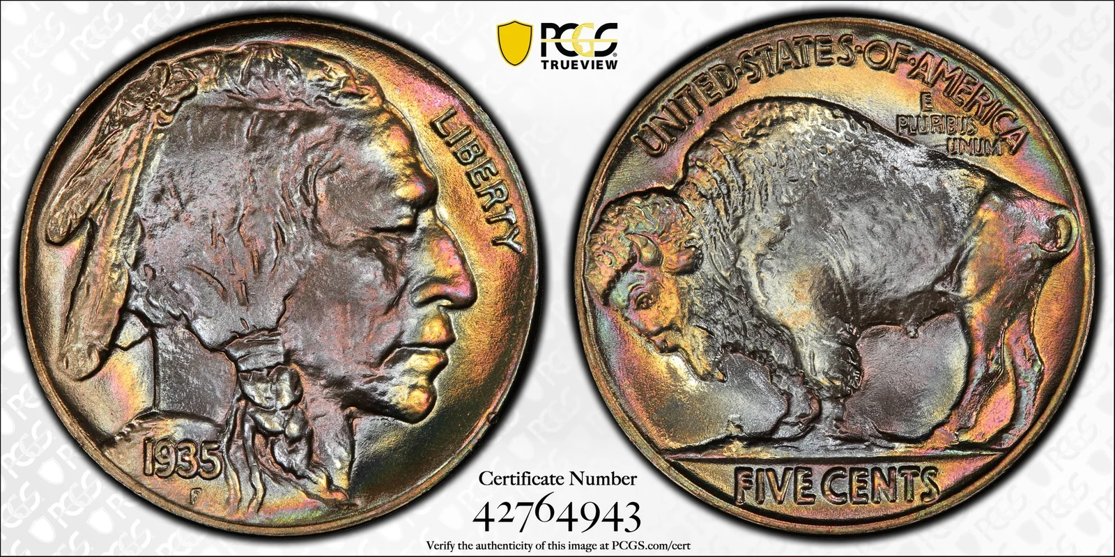 1935 Buffalo nickel, PCGS MS68+ specimen, obverse and reverse