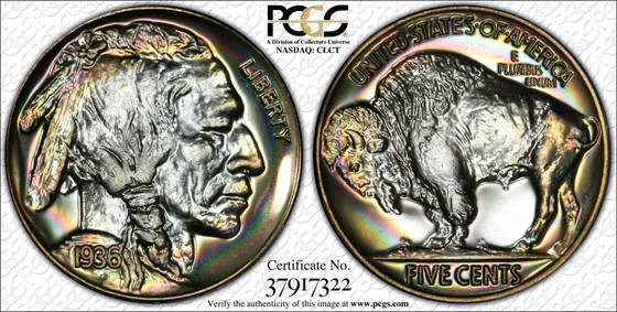 1936 Buffalo nickel, Brilliant Proof, PCGS PR69 specimen, obverse and reverse