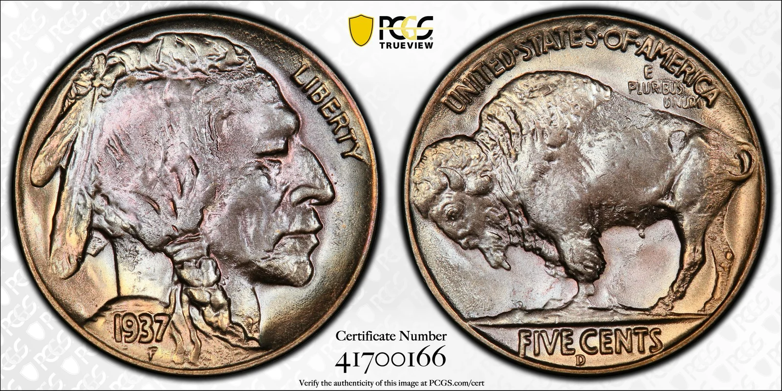 1937-D Buffalo nickel, Three-Legged, PCGS MS66+ specimen, obverse and reverse
