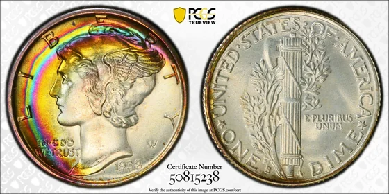 PCGS MS68+ 1938-S Mercury dime, without a Full Bands designation, obverse and reverse, reference example