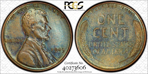 Obverse and reverse of the Philadelphia 1943 bronze Lincoln cent, MS62BN Beyer-Simpson specimen