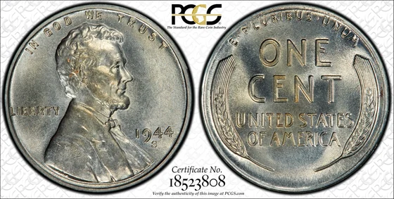 Both sides of the 1944-S steel Lincoln cent, PCGS MS66 Simpson specimen