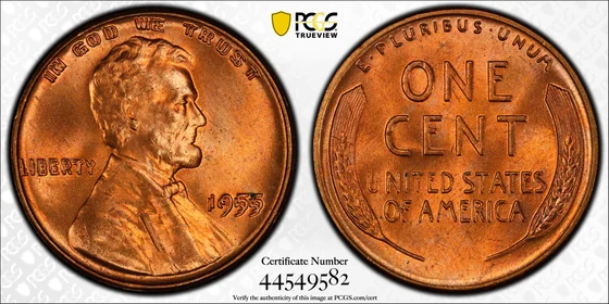 Both sides of the 1955 doubled die Lincoln cent, Blay MS65+RD benchmark specimen