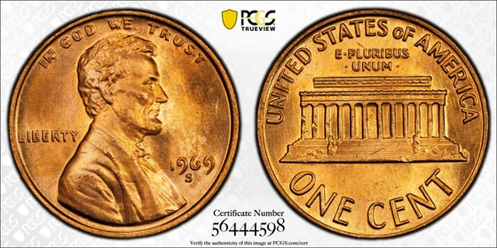 1969-S Lincoln cent, Doubled Die Obverse, PCGS MS66RD specimen, obverse and reverse