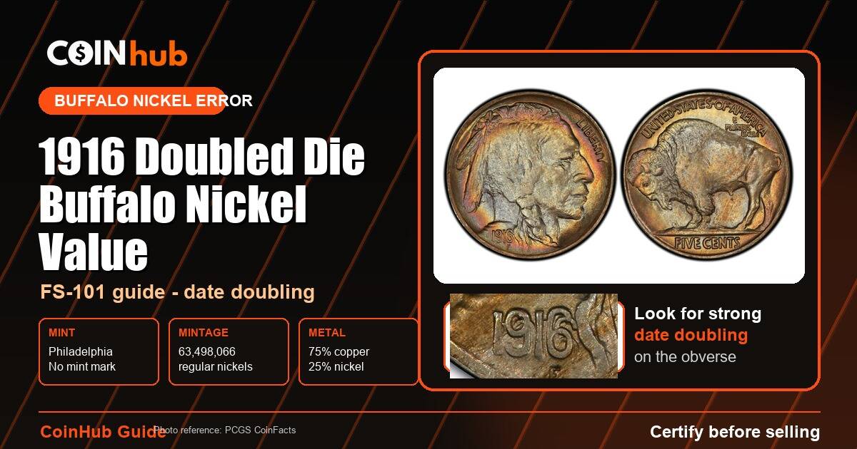 1916 doubled die Buffalo nickel FS-101 value guide with PCGS CoinFacts coin photo and close-up date doubling detail