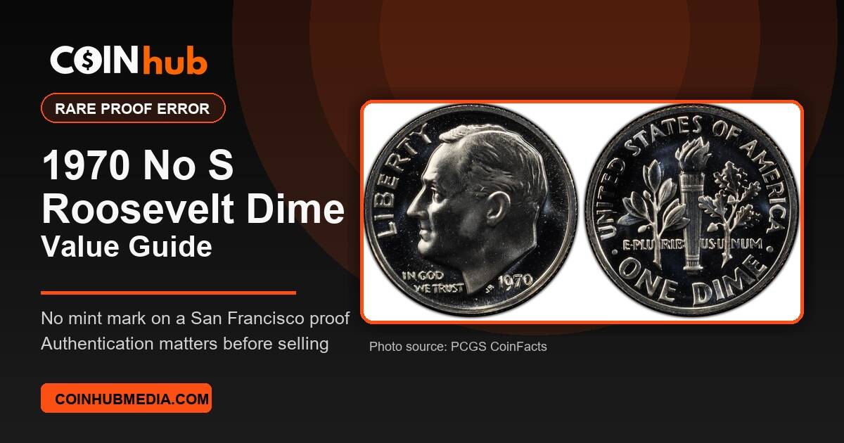 1970 No S Roosevelt dime value guide with proof dime image