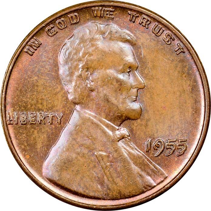 1955 Lincoln cent obverse showing date and lettering area for doubled die identification