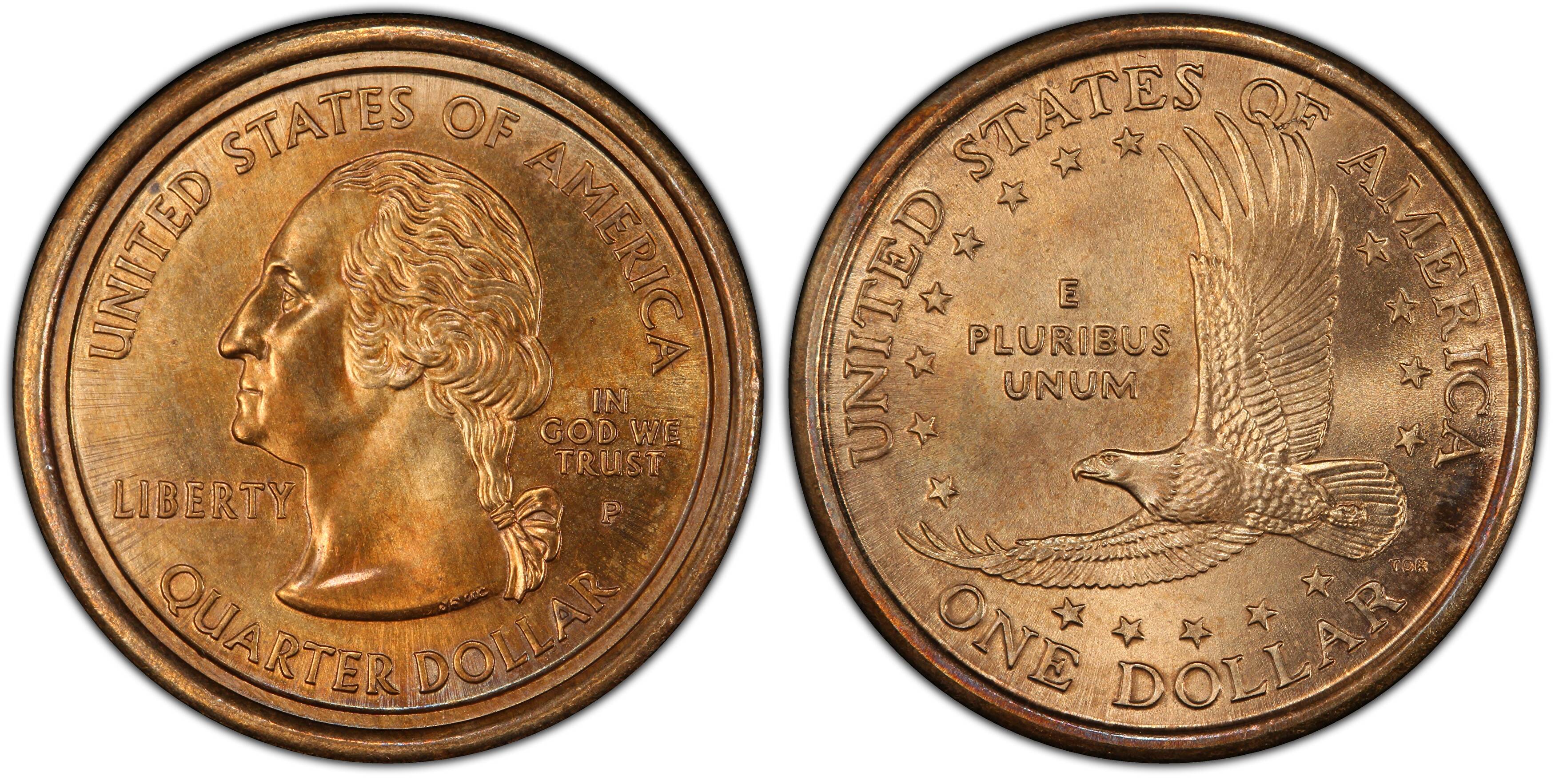 2000-P Sacagawea dollar and Washington quarter mule error coin, courtesy of PCGS
