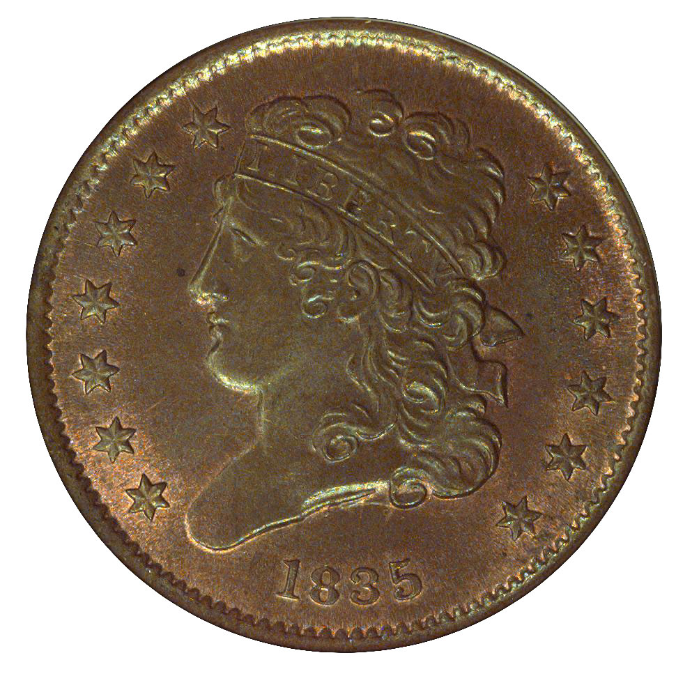 Front of an 1835 Classic Head half cent photographed by NGC