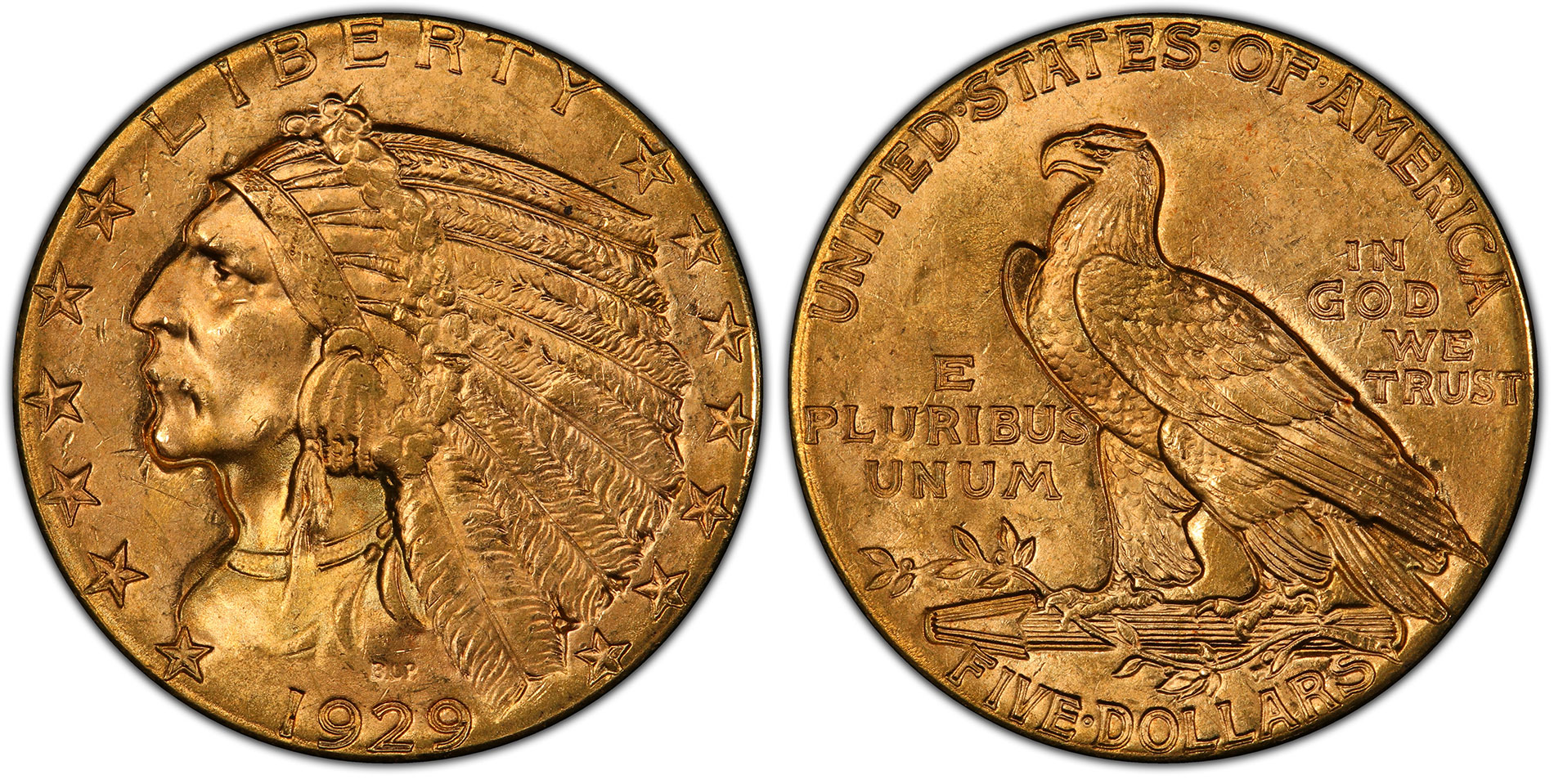 Both sides of a 1929 Indian Head five-dollar half eagle photographed by PCGS